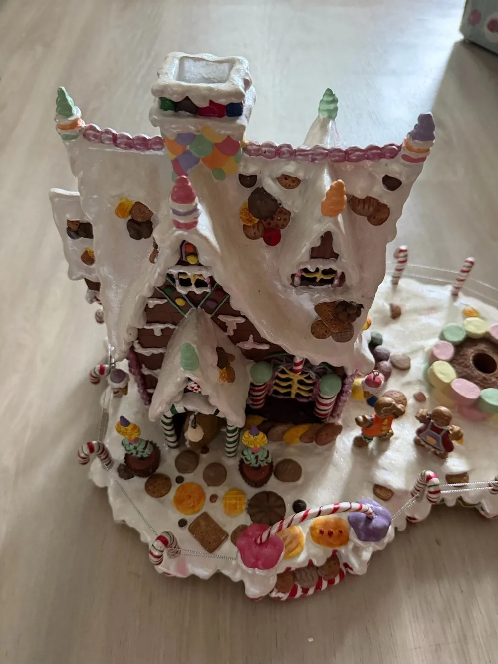 Vintage Costco Pastel Gingerbread House W/ Candy Tree Ornaments Christmas Decor